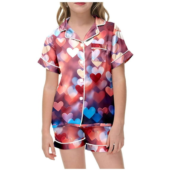 Teen Girls Silk Pajamas Heart Print Short Sleeve Button Down Sleepwear with Shorts Summer Outfits for Girls Pajamas Size 12-13 Years