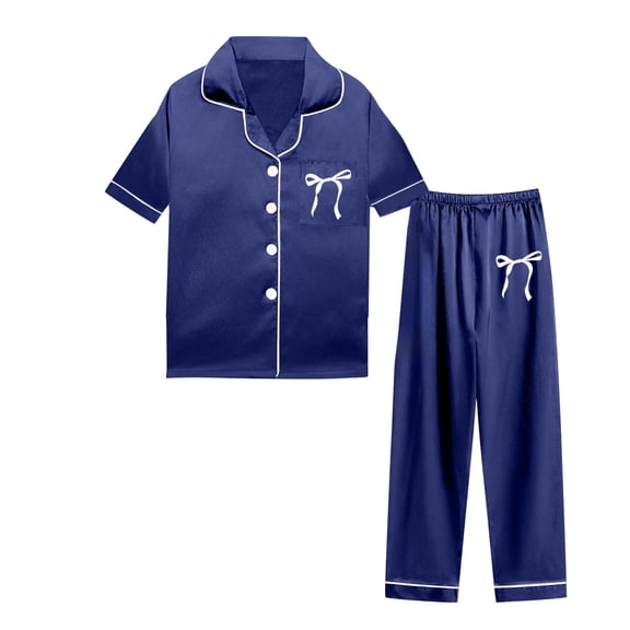 Teen Girls Silk Pajamas Set Bow Print Short Sleeve Button Down Nightwear with Pants Set Kids Pajamas Nightgown 13-14 years Pajamas Boys