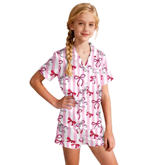 Girls Silk Pajamas Valentines Pjs Short Sleeve Bow Print Button Down Sleep Shirt Girls' Pajama Sets 10-11 Years