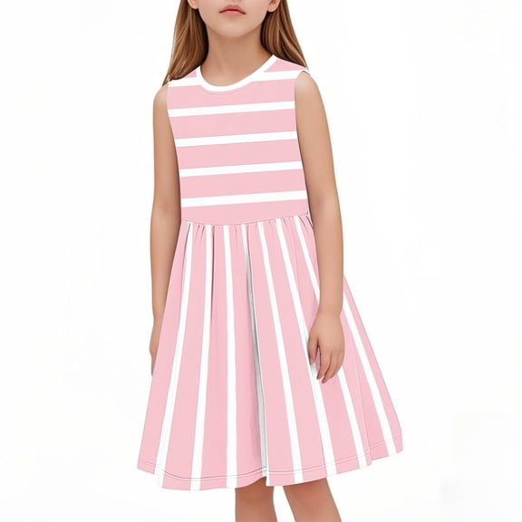 Teen Girls Sleeveless Dresses 2025 Size 3-14 Toddlers Kids Cute Stripe Printed Pullover Crewneck A-Line Going Out Dress