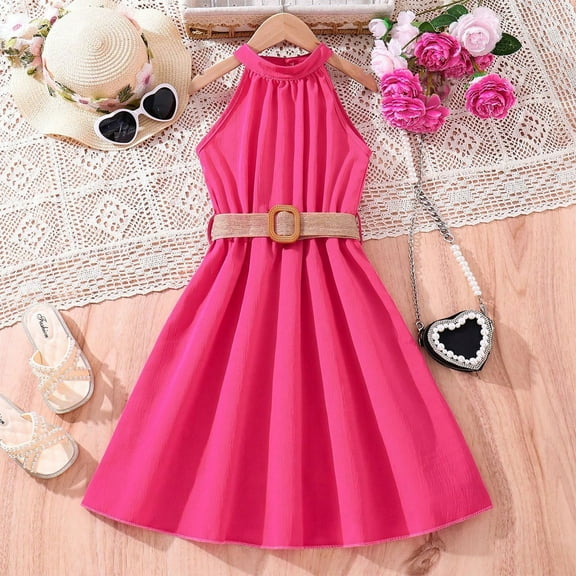 Teen Girls Sleeveless Dresses with Belt Size 6-13 Kids Trendy Chiffon A-Line Solid Color Crew Neck Summer Beach Midi Dress