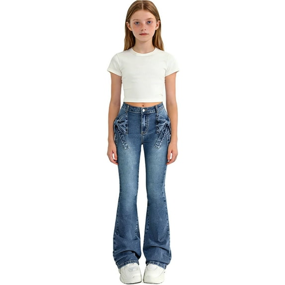 Teen Girls Slim Fit Flare Jeans Denim Elastic Waist Ruffle Trim Fashion Bell Bottoms for Party School Casual Outfits, 6Y-13Y
