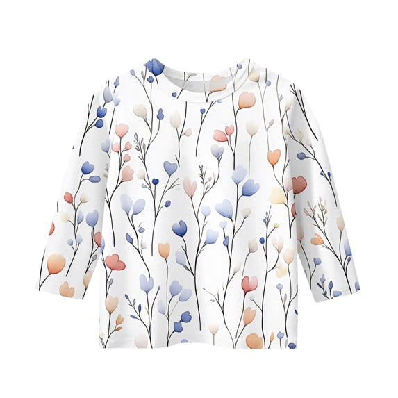 Teen Girls Small Daisy Blouses Crew Neck 3/4 Sleeve Outdoor Daily Fall Kids Tops