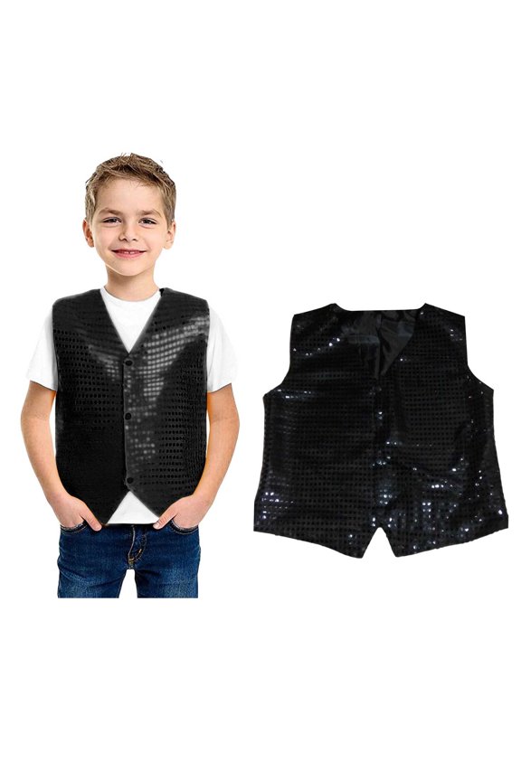 Teen Girls Sparkle Sequin Waistcoat Sleeveless V Neck Button Vest Jacket for Belly Hop Jazz Party Performance 15-16 Years