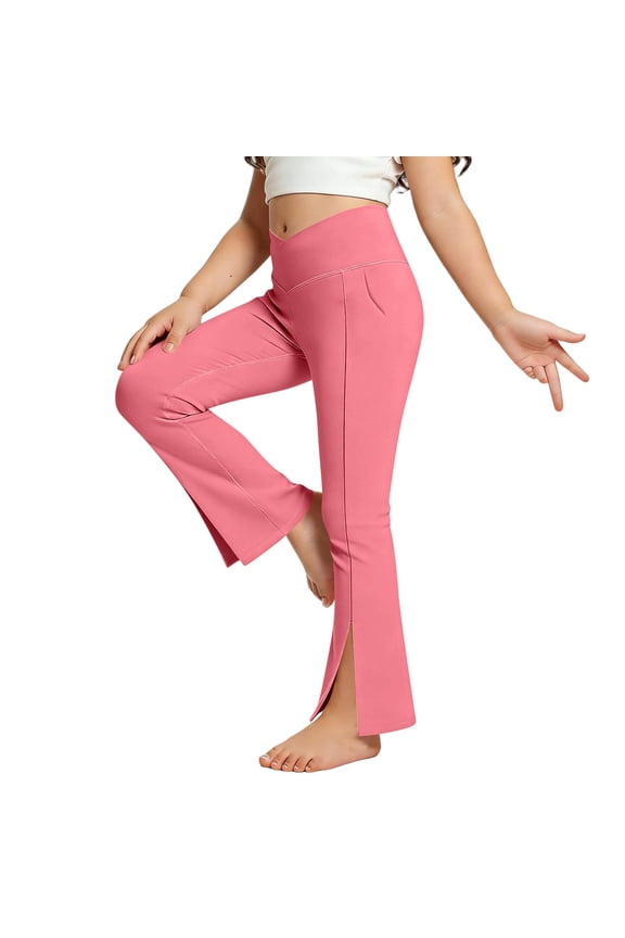 Teen Girls Split Hem Flare Pants V-Crossover Waist Slim Fit Yoga Leggings Bootcut Sports Trousers for Active Wear Dance Gym, 5T-16Y