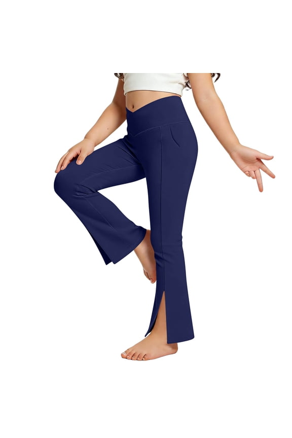 Teen Girls Split Hem Flare Pants V-Crossover Waist Slim Fit Yoga Leggings Bootcut Sports Trousers for Active Wear Dance Gym, 5T-16Y