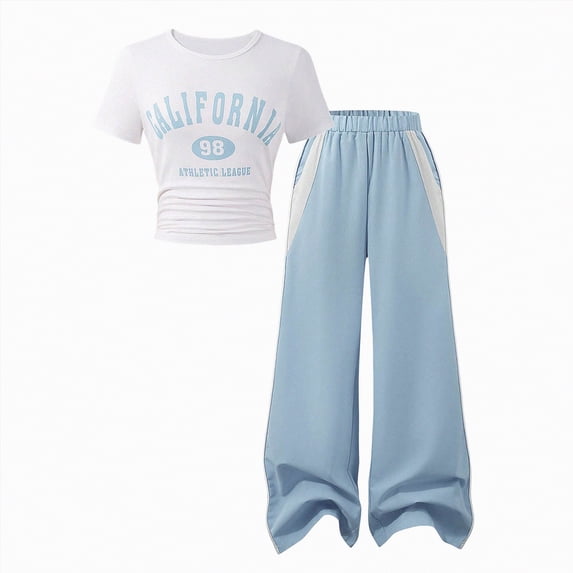 Girls Spring Summer Clothes 2 Piece Outfit Set Girl School Pants and Girl School Shirts Suit Tween Girl Clothing Set,7-8 Years,P08-Light Blue
