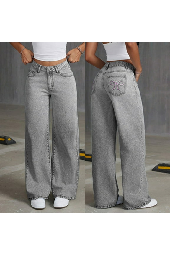 Teen Girls Straight Ripped Jeans Baggy Wide Leg High Waist Distressed Denim Pants Washed Summer Daily Trousers Pockets Black Jeans Plus Size