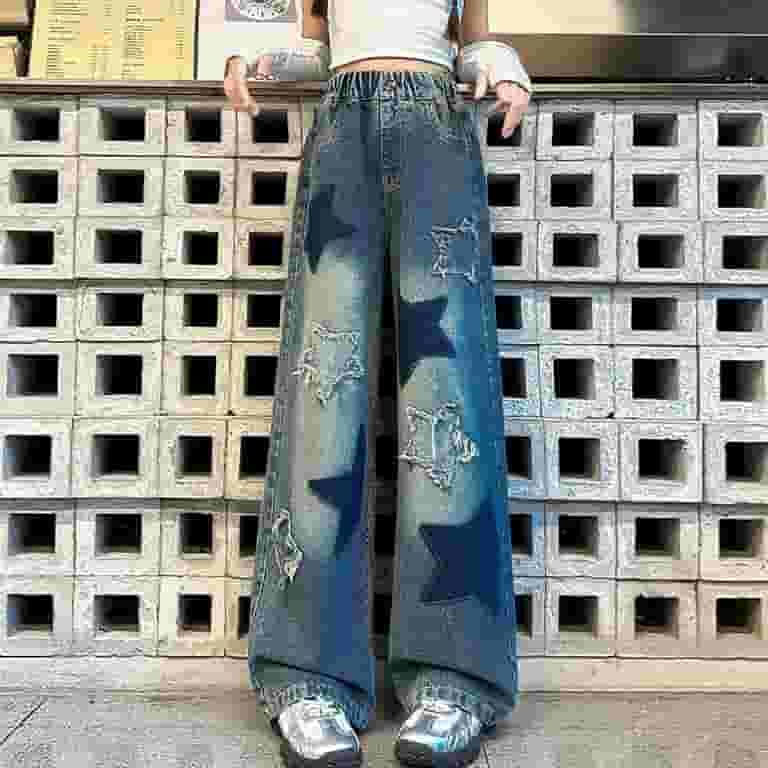 Teen Girls Straight Ripped Jeans Baggy Wide Leg High Waist