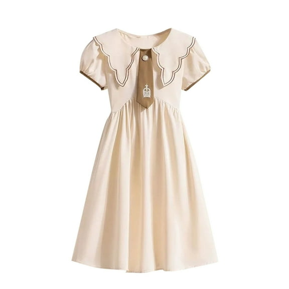 Teen Girls Summer Cute Dresses with Neck Tie School Peter Pan Collar Dress Short Sleeve High Waist Ruffle Dress Beige, 10 Years