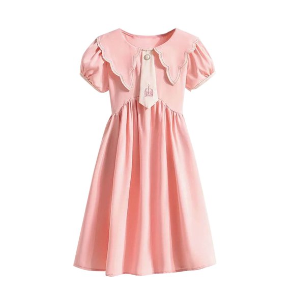 Teen Girls Summer Cute Dresses with Neck Tie School Peter Pan Collar Dress Short Sleeve High Waist Ruffle Dress Pink, 4 Years