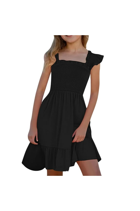 Teen Girls Summer Dresses Ruffle Sleeve Smocked Flowy Tiered Casual Party Dress Loose Fit Beach Dress With Pockets Size 6-15 Year,Black,170