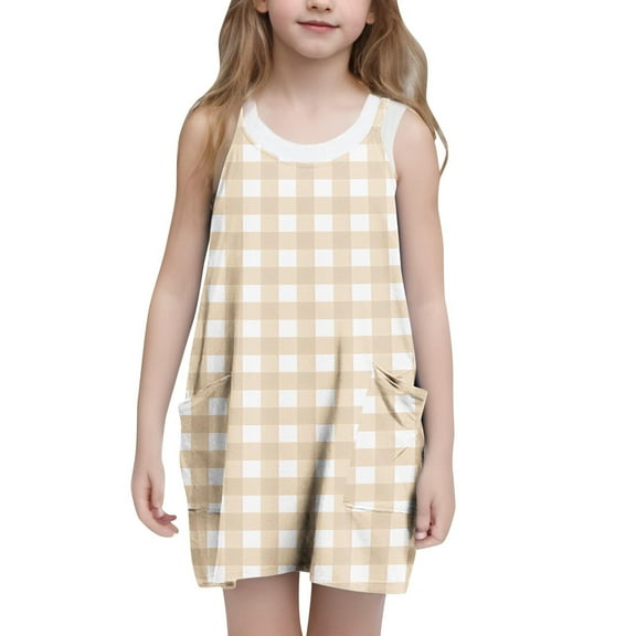 Teen Girls Summer Dresses with Pockets 2025 5-14 Years Kids Cute Plaid Printed Spaghetti Strap Going-Out Beach Short Mini Dress