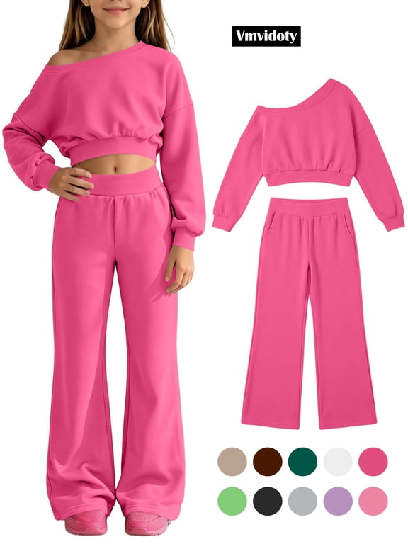 Teen Girls Sweatpants 2 Piece Off Shoulder Top & Wide Leg Pants Outfit Set for 5-14Y(Hot Pink, 5-6 Years)