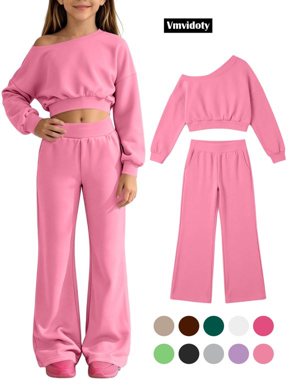Teen Girls Sweatpants 2 Piece Off Shoulder Top & Wide Leg Pants Outfit Set for 5-14Y(Pink, 5-6 Years)