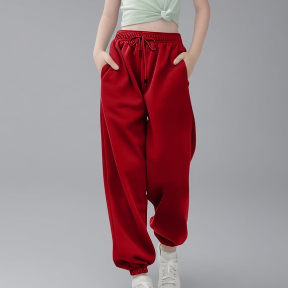 Girls Sweatpants Drawstring Jogger Sweatpants With Pockets Solid Pants Red Sweatpants Kids Kids Pants Size 9-10 Years
