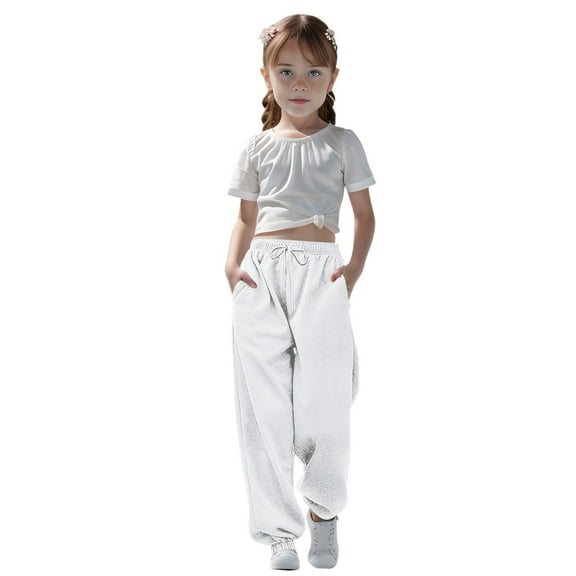 Kids Sweatpants Drawstring Jogger Sweatpants With Pockets Solid Color White Sweatpants Girls Kids Pants Boys Size 13-14 Years