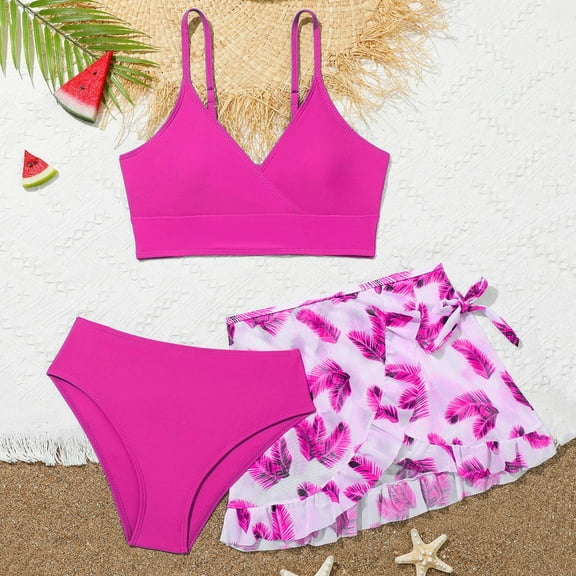 Teen Girls Swim Suits Summer Printed 3 Piece Bathing Suit Bikini Set with Beach Skirt Summer Beach Girls' Swimwear Teen Bathing Suits