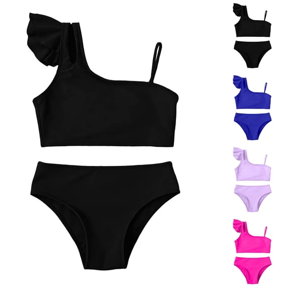 Girls Swimsuit 2 Piece Bikini Set Block Cut Out Black Swimwear with Adjustable Strap 13-14 Years