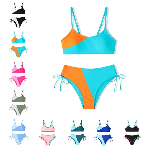 Girls Swimsuit Color Block Sporty Bikini Sets Adjustable Straps Green Girls Two Piece Bathing Suit Size 13-14 Years