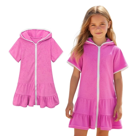 Teen Girls Swimsuit Cover Up Zip Up Hooded Pink Terry Cloth Swim Cover Up Girls Towel Dress Girls Cover Ups for Swimwear Size 10-11 Years