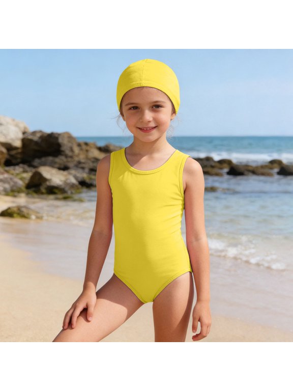 Girls Swimsuit Yellow Girls Swimsuit 1 Piece Sleeveless Rash Guard Dance Summer Essentials 13-14 Years