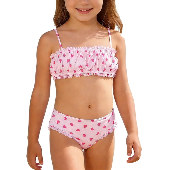 Teen Girls Swimsuits 2 Piece Bikini Beach Heart Print Bathing Suits Cute Summer Bathing Suits Swim Suits for Girls 9-11 Years