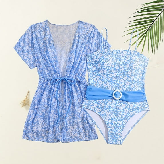 Teen Girls Swimsuits 2 Piece Cute Tankini Swimwear Floral Printed One Piece Swimsuit with Cover Up Toddler Girl Bathing Suit 11-12 Years