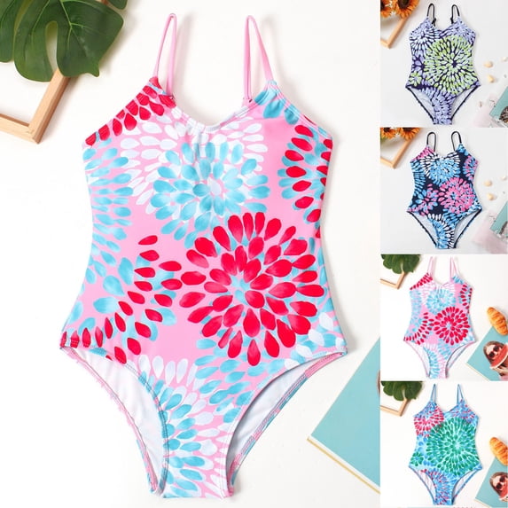 SROBPTY Teen Girls Swimsuits Print Crew Neck Sleeveless Bathing Suits for 8-14Y