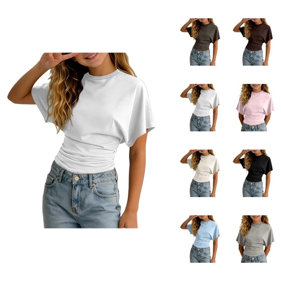 Girls T Shirt Basic Short Sleeve Crew Neck Ruched Cinched Waist Slim Fitted Summer Shirts Top (3-14Y)