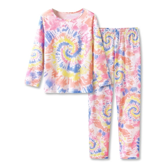 Teen Girls Tie Dye Orange & Pink Spiral Swirl Pajama Long Sleeves & Pants PJ Set 2-Piece Outfit Big Kid Size 12