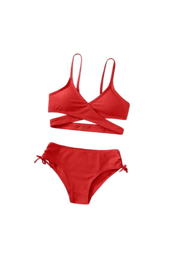 Girls Two-Piece Bikini Swimsuits Removable Chest Pad with Crisscross Top and Tie Side Bottom Girls' Wrap Cross Bikini Set