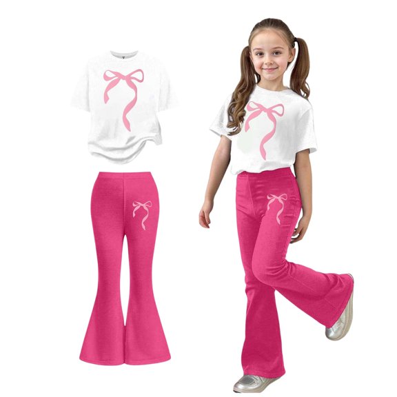 Teen Girls Two Piece Outfits Short Sleeve Bow T-Shirt Top and Flared Pants Sets Girls Spring Clothes Teen Clothes for Girls 13-14 Years