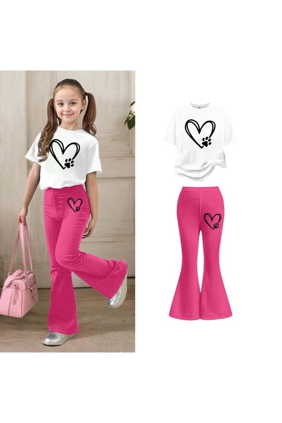 Teen Girls Two Piece Outfits Short Sleeve Heart T-Shirt Top and Flared Pants Set Summer Clothes Teen Girls Clothes 11-12 Years