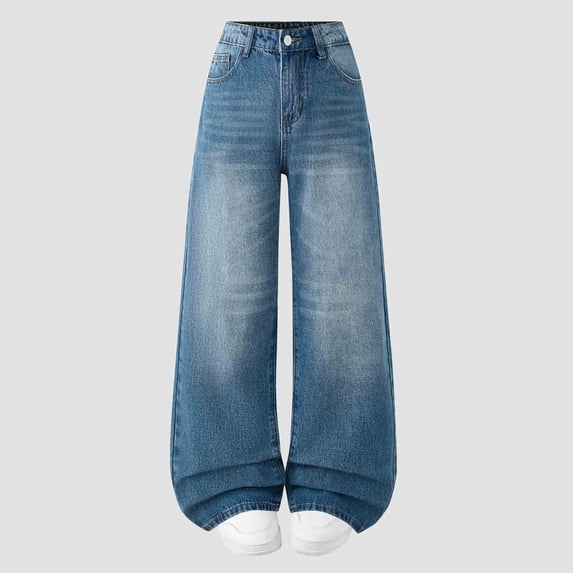Teen Girls Wide Leg Denim Jeans High Waisted Loose Fit Solid Baggy Pants for School Casual Daily Streetwear, 12Y-16Y