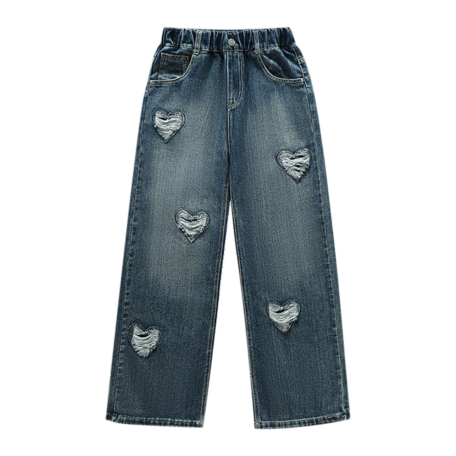Teen Girls Wide Leg Jeans Baggy Heart Embroidery Elastic