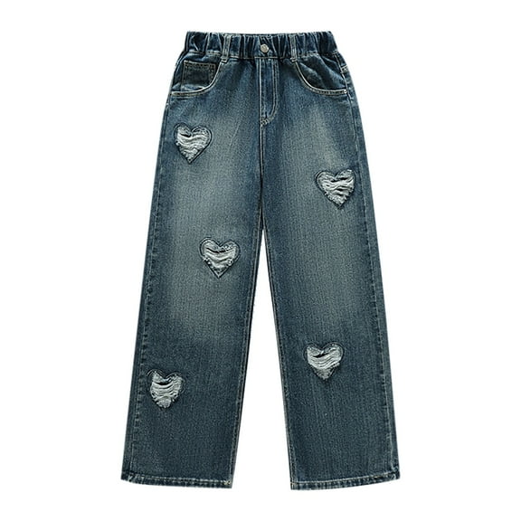 Teen Girls Wide Leg Jeans Baggy Heart Embroidery Elastic High Waist Denim Pants Vintage Y2k Streetwear Clothes Boys Clothes Size 8