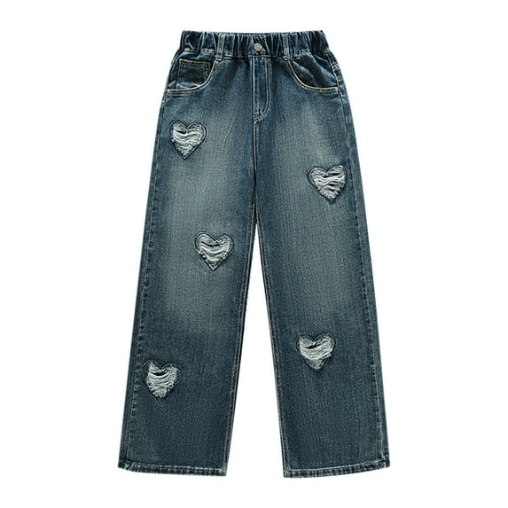 Teen Girls Wide Leg Jeans Baggy Heart Embroidery Elastic High Waist Denim Pants Vintage Y2k Streetwear Clothes Boys Clothes Size 8
