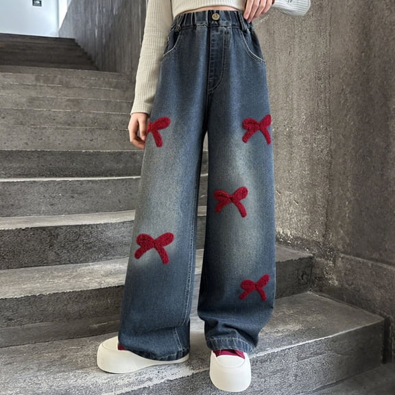 Teen Girls Wide Leg Jeans Soft Denim Elastic Waist Baggy Side Bow Knot Split Hem Trousers for Streetwear Party Fashion Clothes, 5T-15Y