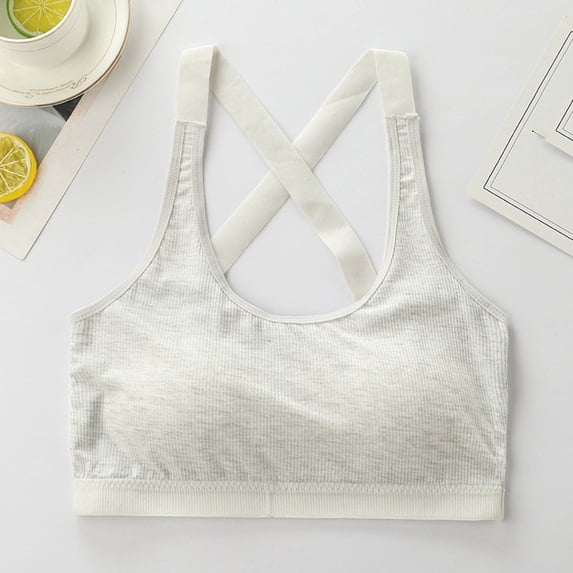 Teen Girls Wireless Training Bra, Ribbed Cotton Cross Back Bralette, Comfortable Everyday Bra for 5-15T