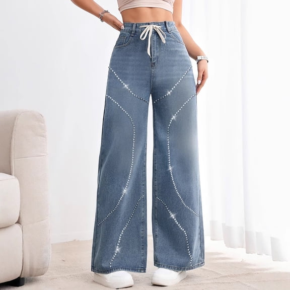 Teen Girls Womens Jeans Baggy Pants, Wide Leg Straight Denim Loose Trousers with Pockets Streetwear Ripped Jeans Womens Baggy Blue S