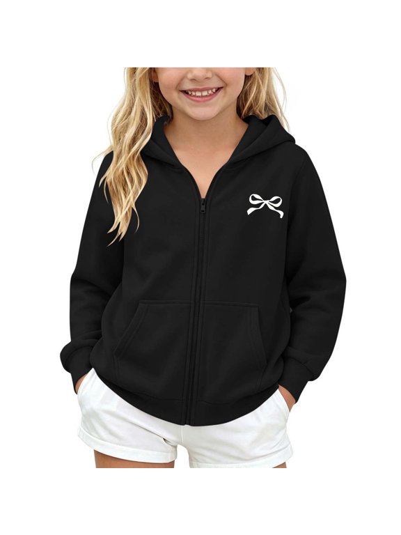 Teen Girls Zip Up Hoodie Funny Bow Print Hooded Sweatshirts Jacket Fleece Long Sleeve Hoodies Winter Outerwear 5-14Years