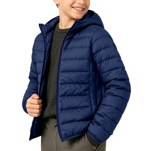 Teen Hooded Light Puffer Jacket 9-17Y, Zip up Vertical Quilted Cotton Warm Coat for Big Boys Girls Winter Casual Outerwear Navy 16-17Years