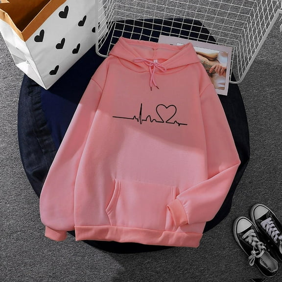 Teen Hooded Sweatshirts Fashion Trends Hearts Print Tops Loose Long Sleeve Comfy Casual Hooded Sweatshirt Blouse Pink M