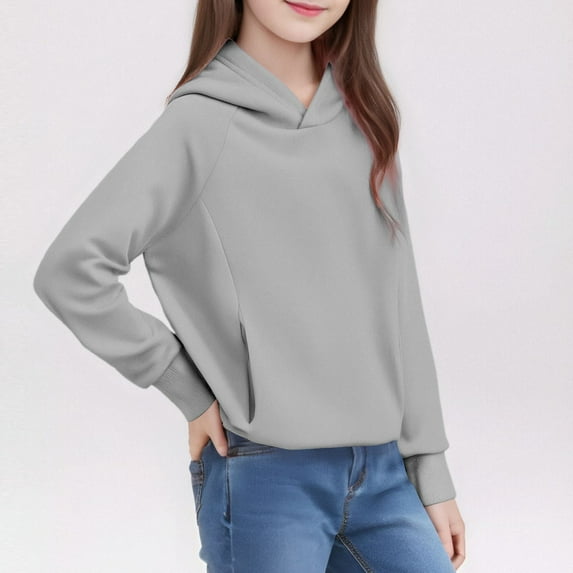 Youth Hoodies Solid Hoodies Long Sleeve Pullover Oversize Thermal Winter Clothes Girls Tops Size 5-6