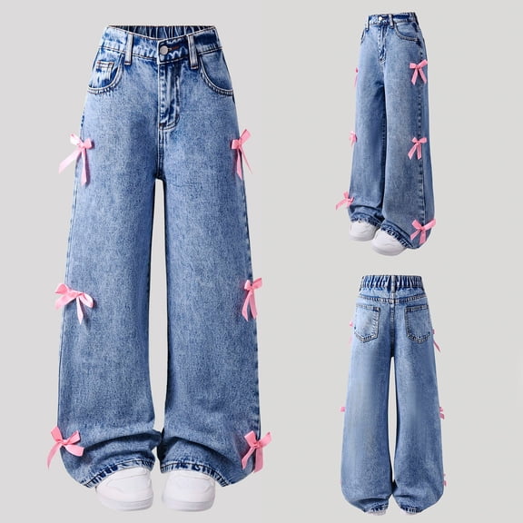 Teen Jean for Girls Bow Jeans Girls Straight Leg Jeans Wide Leg Jeans High Waist Girls Jeans Baggy with Pocket Kids Clothes Girls Size 10-11 Years