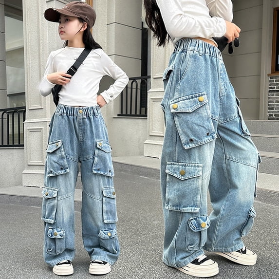 Jean for Girls Cargo Jeans Girls Straight Leg Wide Leg Denim Jeans High Waist Baggy Jeans with Pockets Jeans Girls 11-12 Years