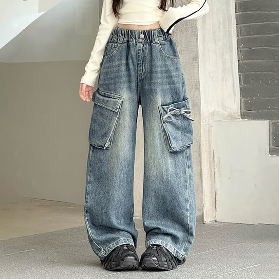 Teen Jeans Girls Baggy Jeans for Kids High Waist Denim Pants with Pockets Girls Straight Leg Jeans Cute Outfits For Girls 15-16 Years