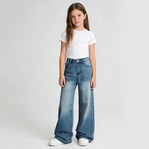 Kids Jeans Girls Jeans Baggy High Waisted Wide Leg Denim Pants with Pockets Girls Straight Leg Jeans Kids Clothes Girls Size 4-5 Years