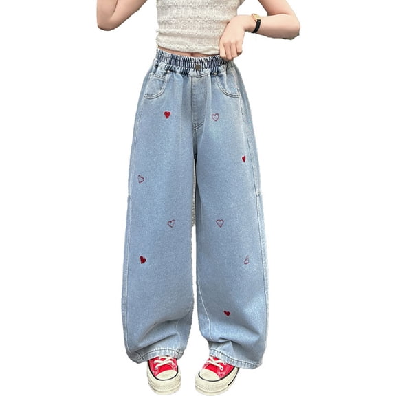 Teen Jeans Girls Heart Jeans Girls Straight Leg Wide Leg Girls Pants High Waist Girls Baggy Pants with Pocket Kids Jeans Girls Size 12-13 Years